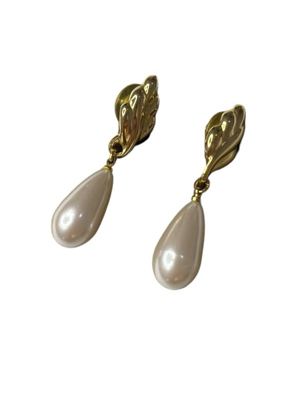 Vintage Gold Leaf Pearl Teardrop Drop Earrings - Women Jewelry